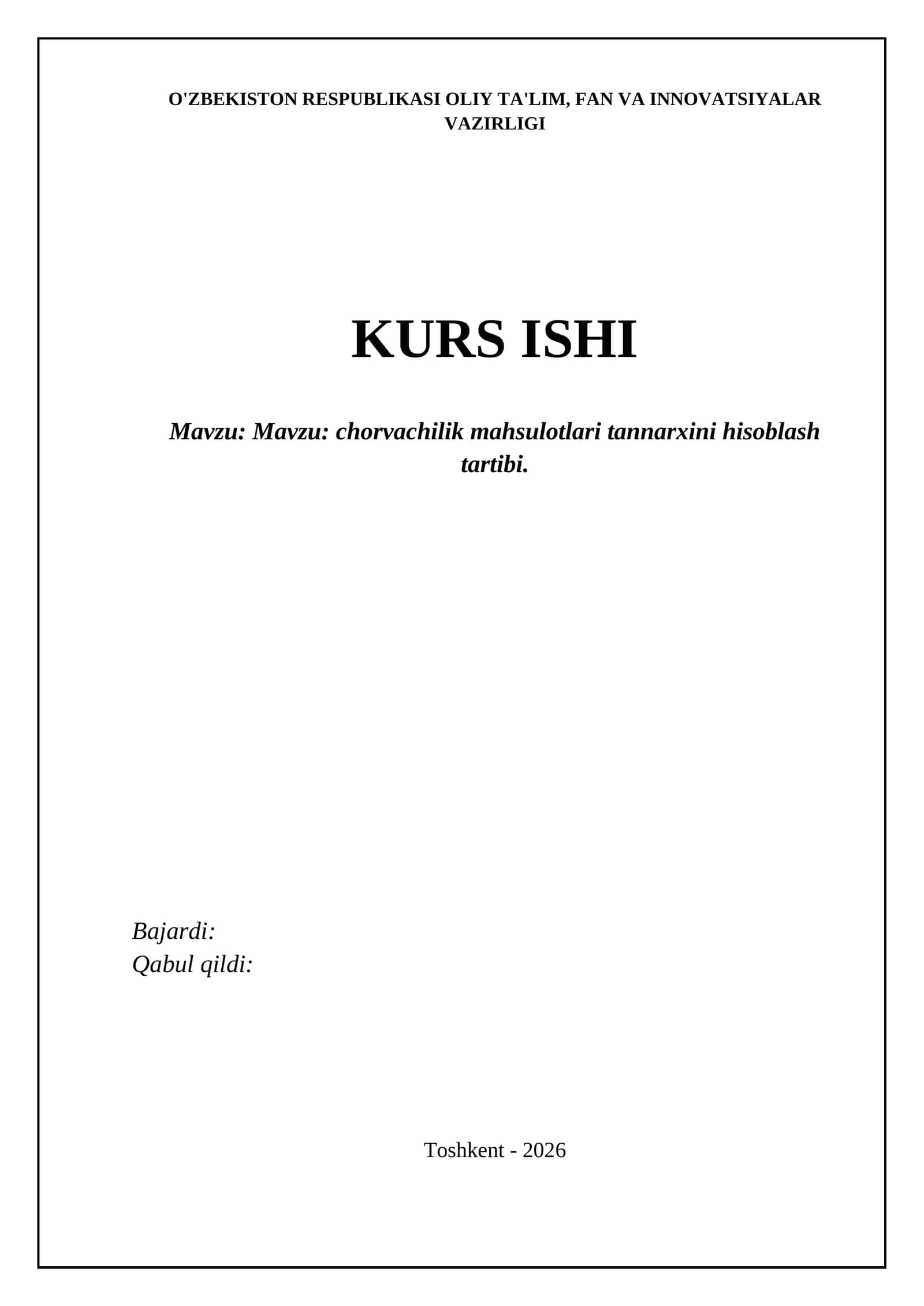 CHORVACHILIK MAHSULOTLARI TANNARXINI HISOBLASH USULLARI 1