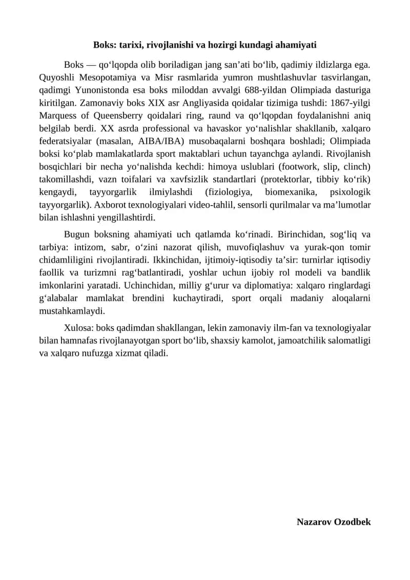 Boks: tarixi, rivojlanishi va hozirgi kundagi ahamiyati 1