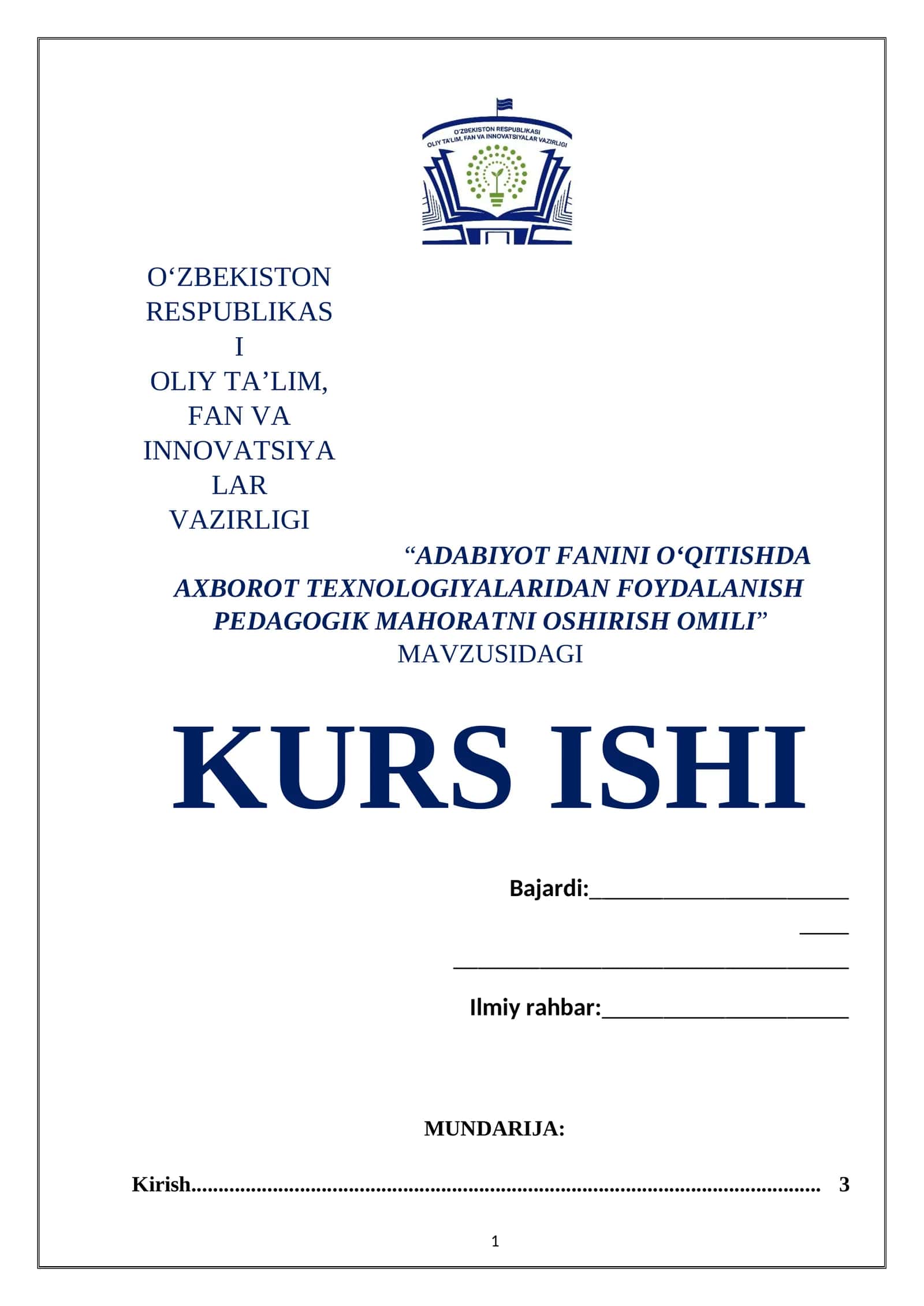 ADABIYOT FANINI OʻQITISHDA AXBOROT TEXNOLOGIYALARIDAN FOYDALANISH PEDAGOGIK MAHORATNI OSHIRISH OMILI MAVZUSIDA TAYYOR KURS ISHI 1