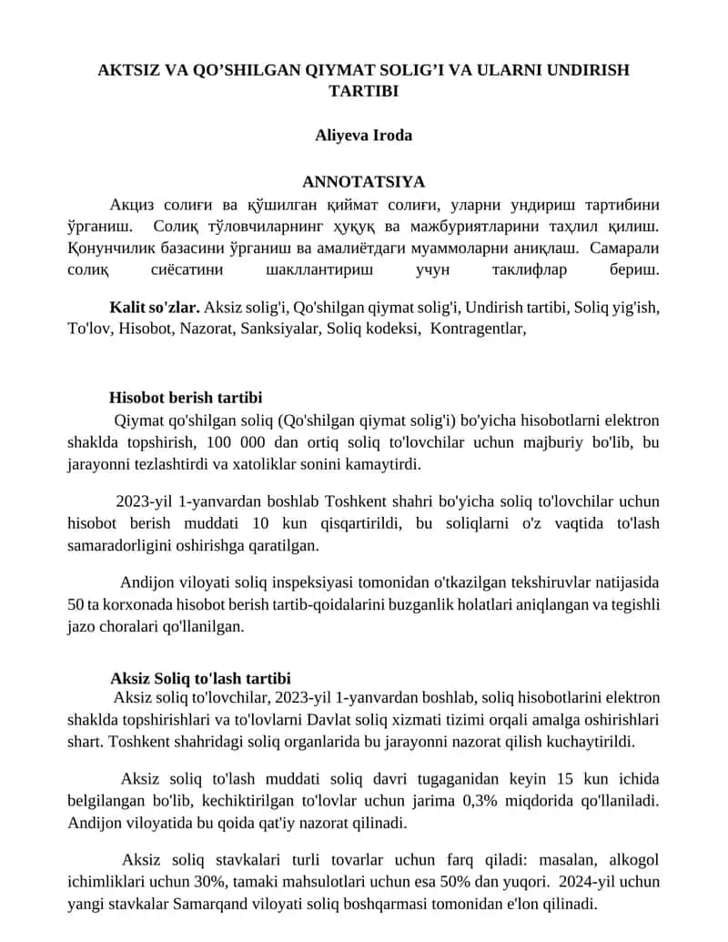 AKTSIZ VA QO’SHILGAN QIYMAT SOLIG’I VA ULARNI UNDIRISH TARTIBI 1
