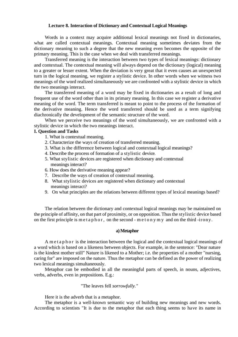 Lecture 8. Interaction of Dictionary and Contextual Logical Meanings 1
