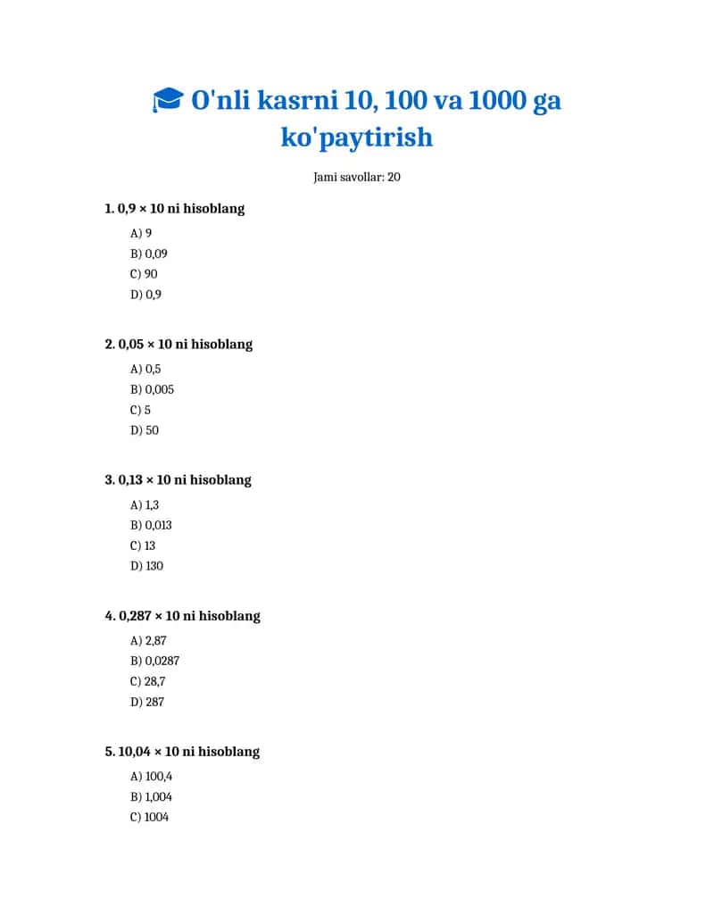 O'nli kasrni 10, 100 va 1000 ga ko'paytirish 1
