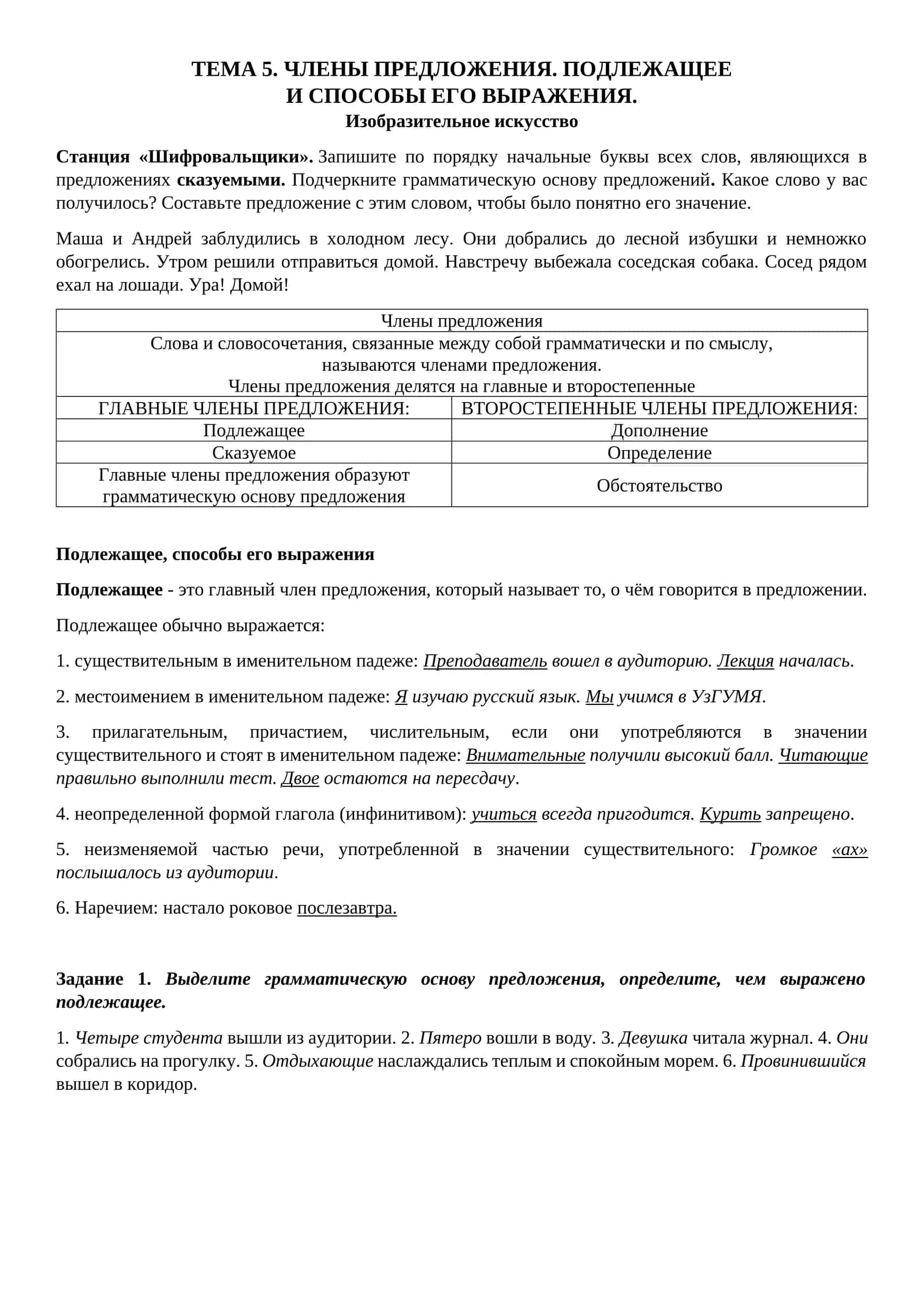 ЧЛЕНЫ ПРЕДЛОЖЕНИЯ. ПОДЛЕЖАЩЕЕ И СПОСОБЫ ЕГО ВЫРАЖЕНИЯ 1