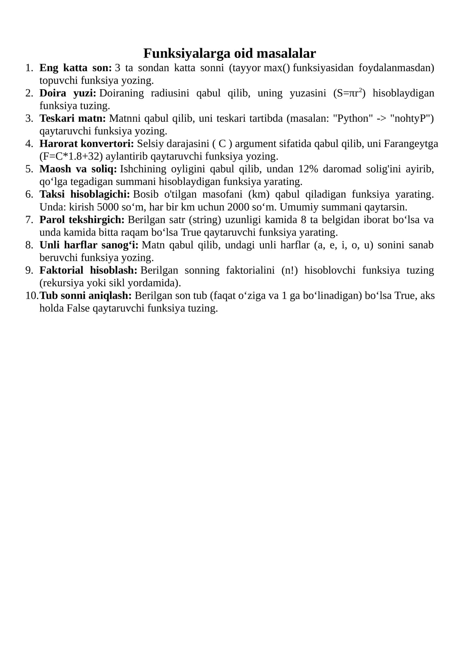 Funksiyalarga oid masalalar 1