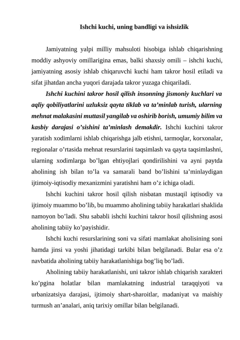 Ishchi kuchi, uning bandligi va ishsizlik 1