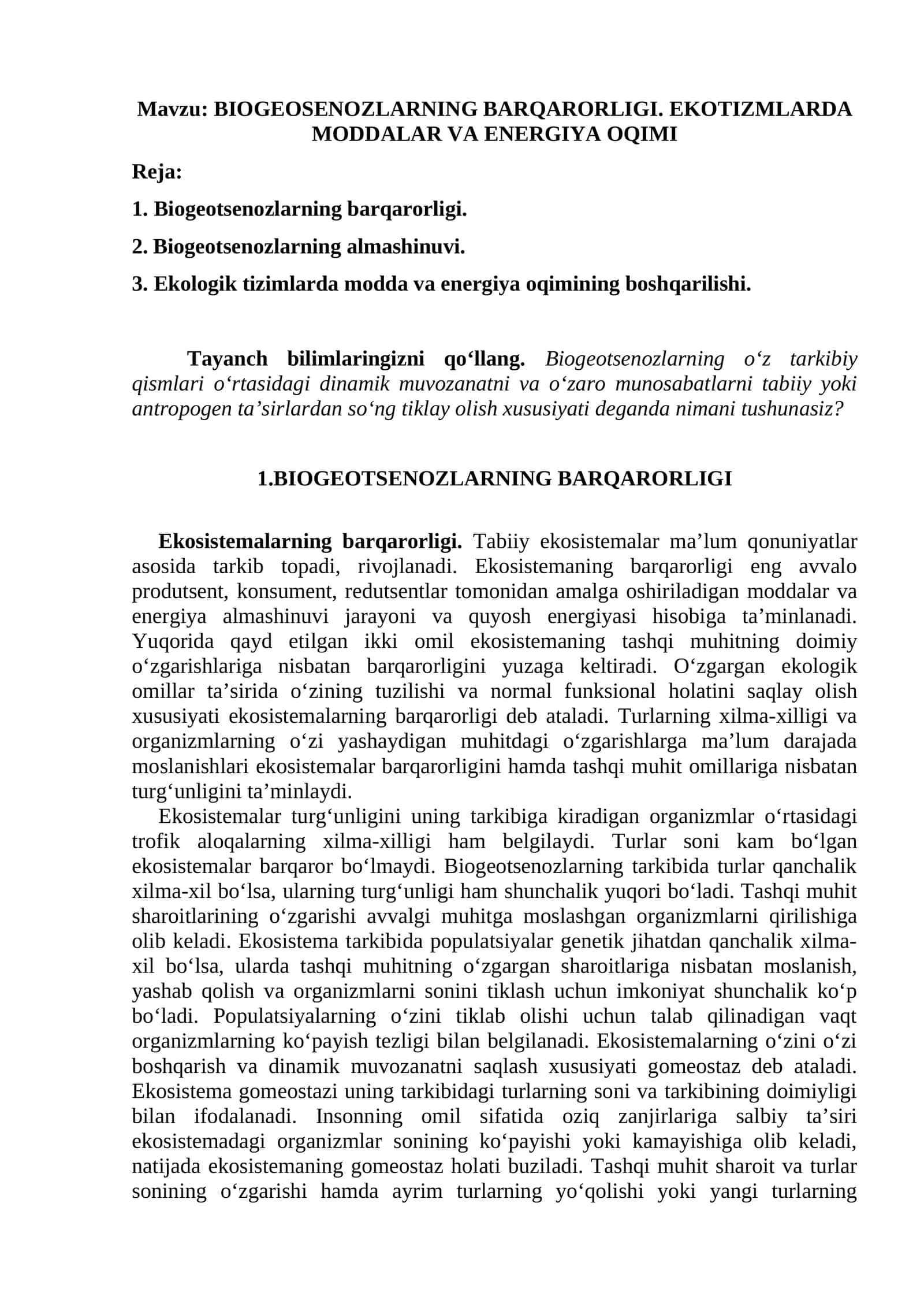BIOGEOSENOZLARNING BARQARORLIGI. EKOTIZMLARDA MODDALAR VA ENERGIYA OQIMI 1