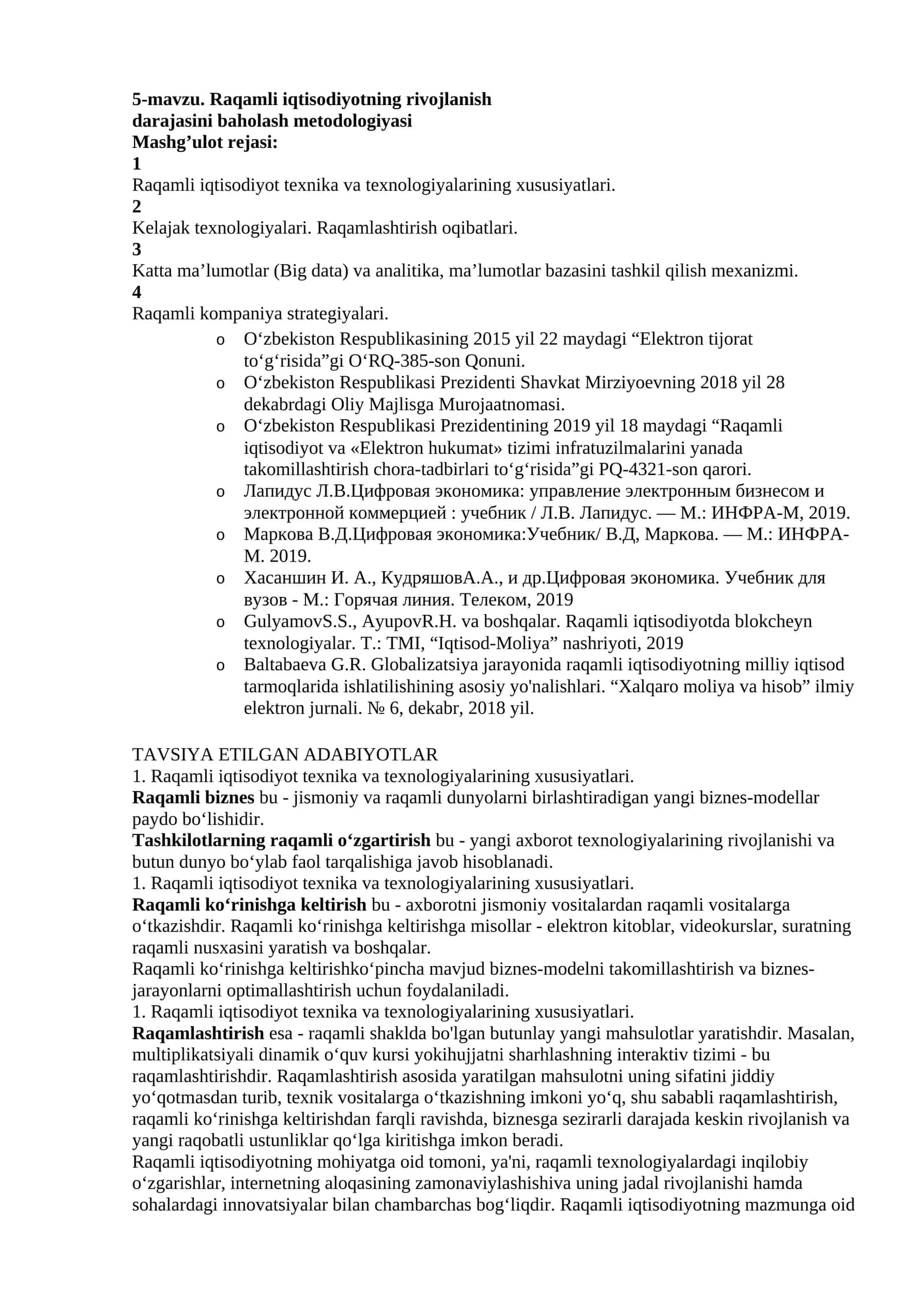 5-mavzu. Raqamli iqtisodiyotning rivojlanish darajasini baholash metodologiyasi 1