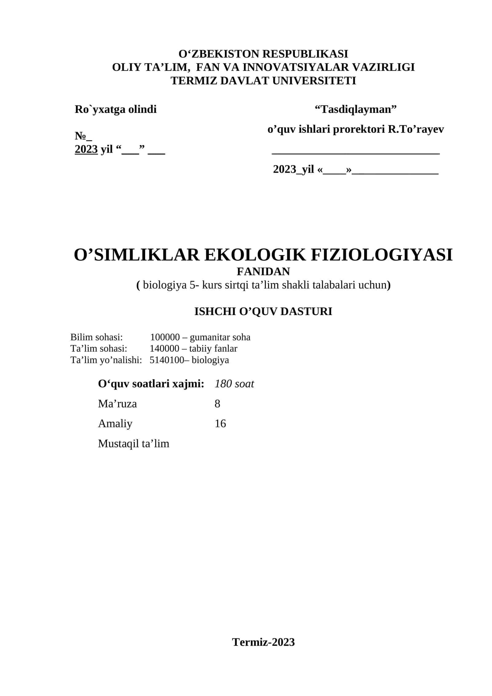 O’SIMLIKLAR EKOLOGIK FIZIOLOGIYASI FANIdan 1