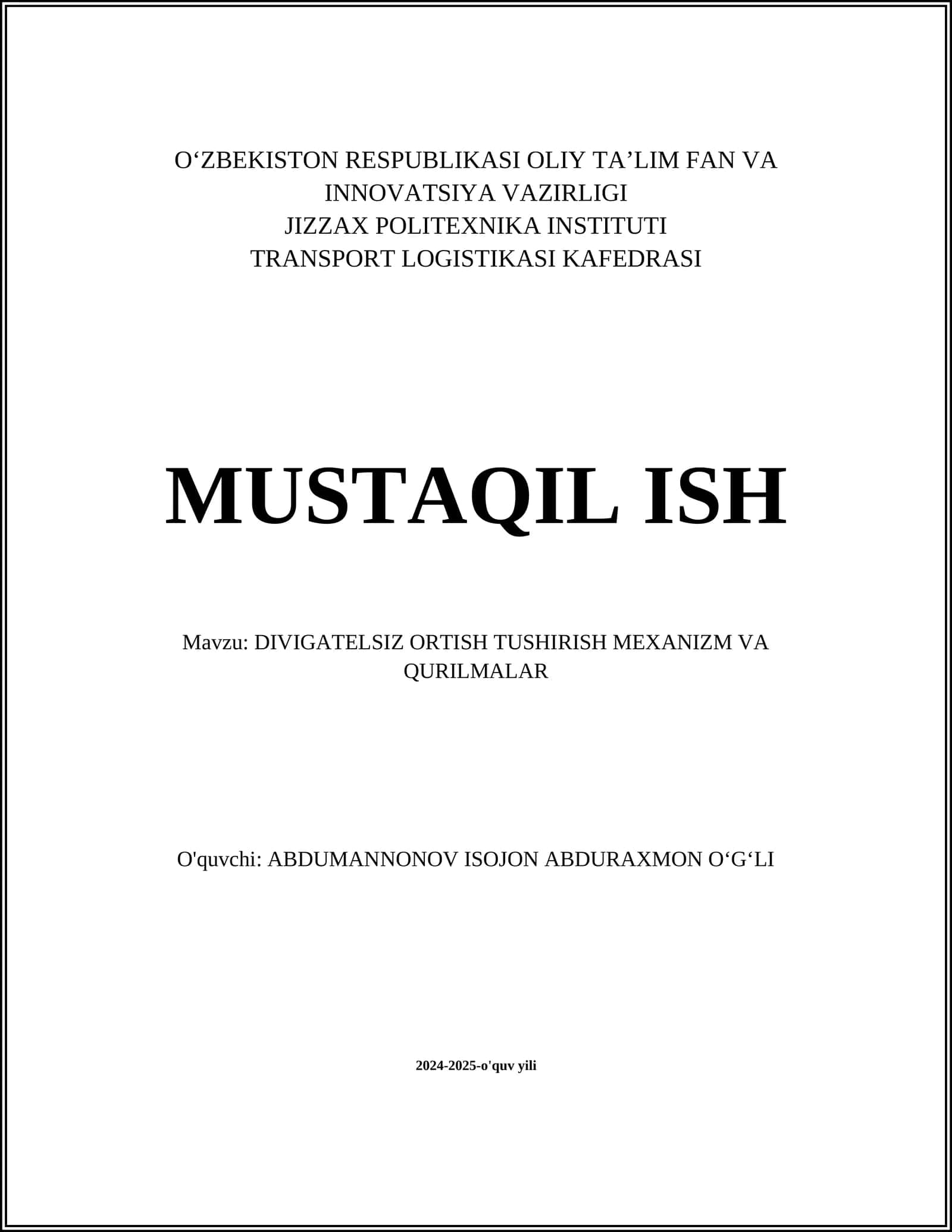 DIVIGATELSIZ ORTISH TUSHIRISH MEXANIZMLAR 1