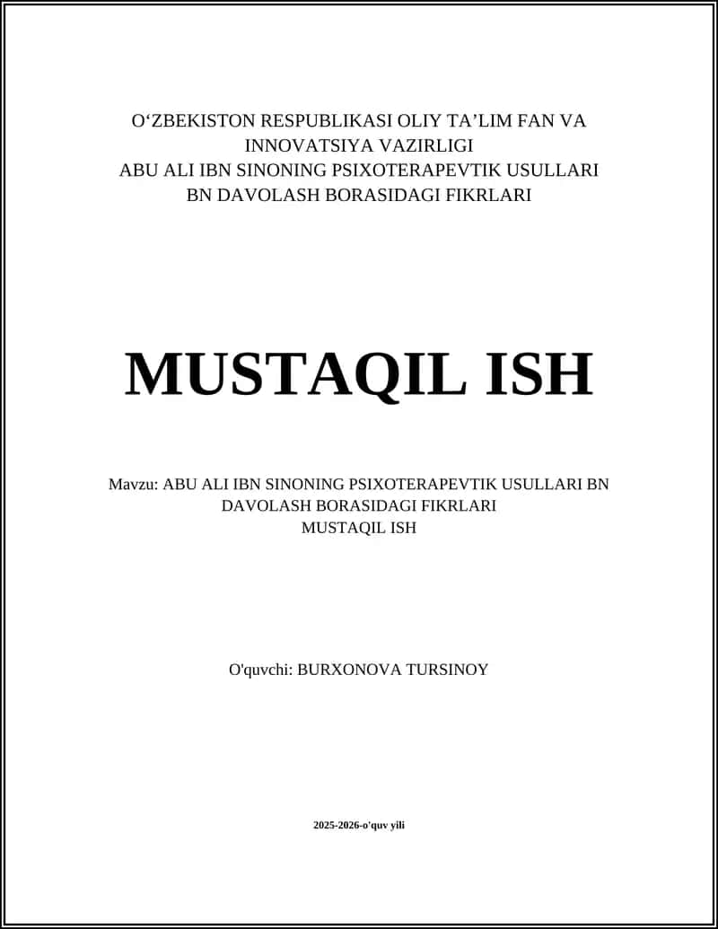 ABU ALI IBN SINONING PSIXOTERAPEVTIK USULLARI BN DAVOLASH BORASIDAGI FIKRLARI 1