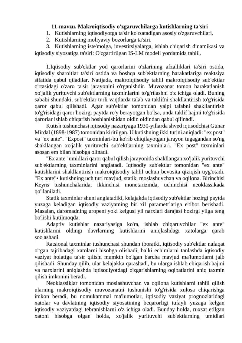 Makroiqtisodiy o'zgaruvchilarga kutishlarning ta'siri 1