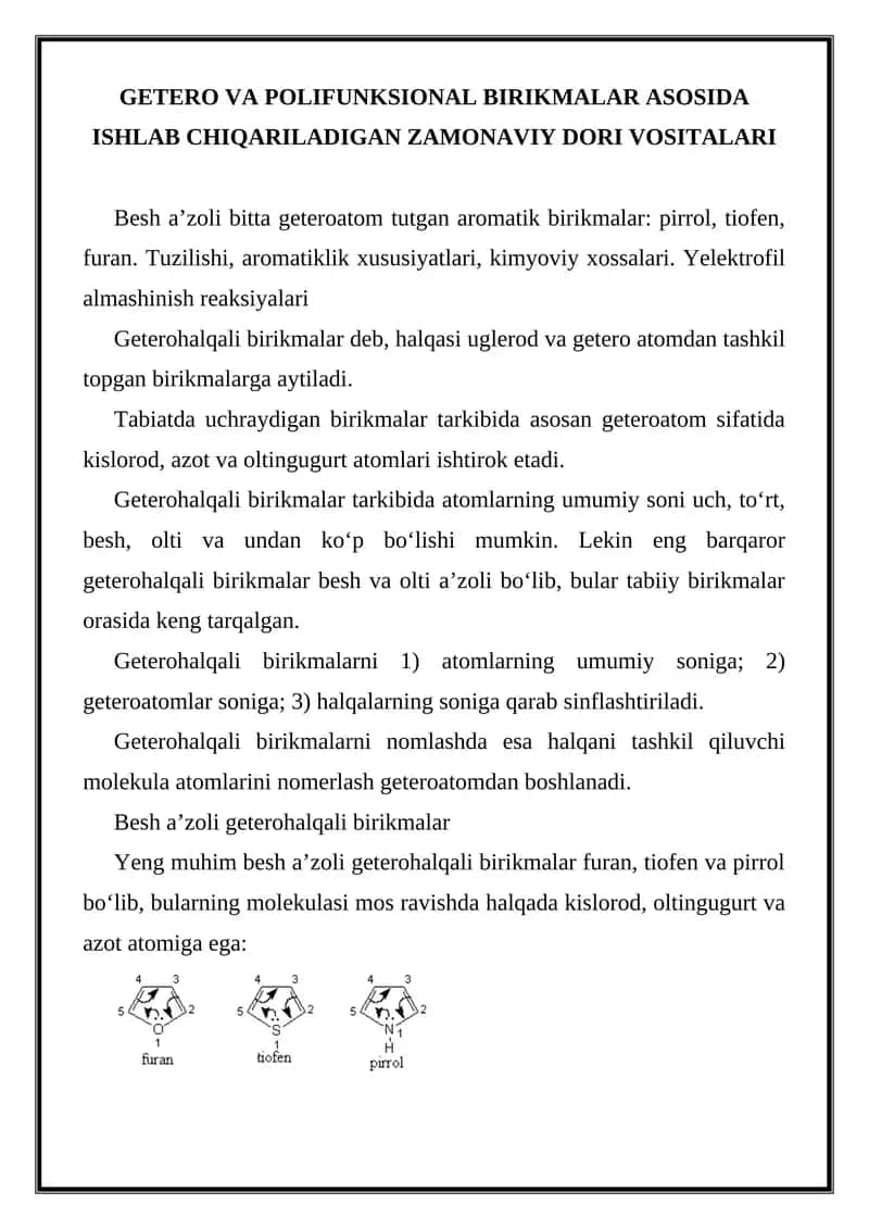 Getero va Polifunksional birikmalar asosida ishlab chiqariladigan zamonaviy dori vositalari 1