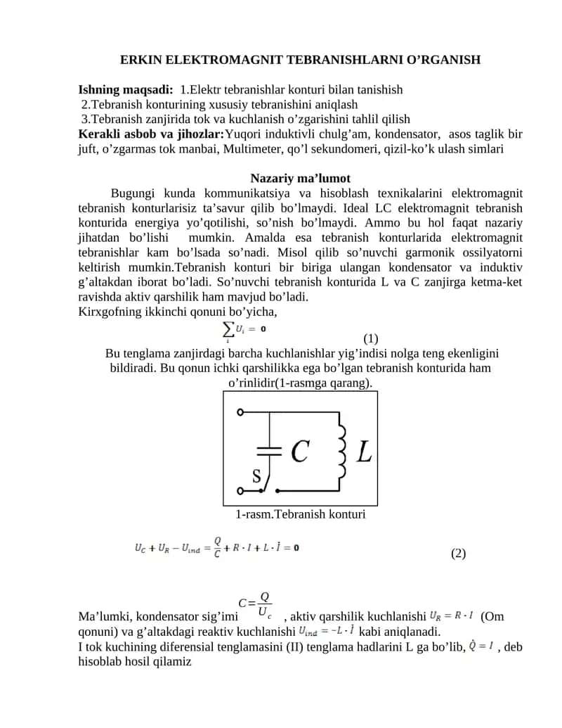 ERKIN ELEKTROMAGNIT TEBRANISHLARNI O’RGANISH 1