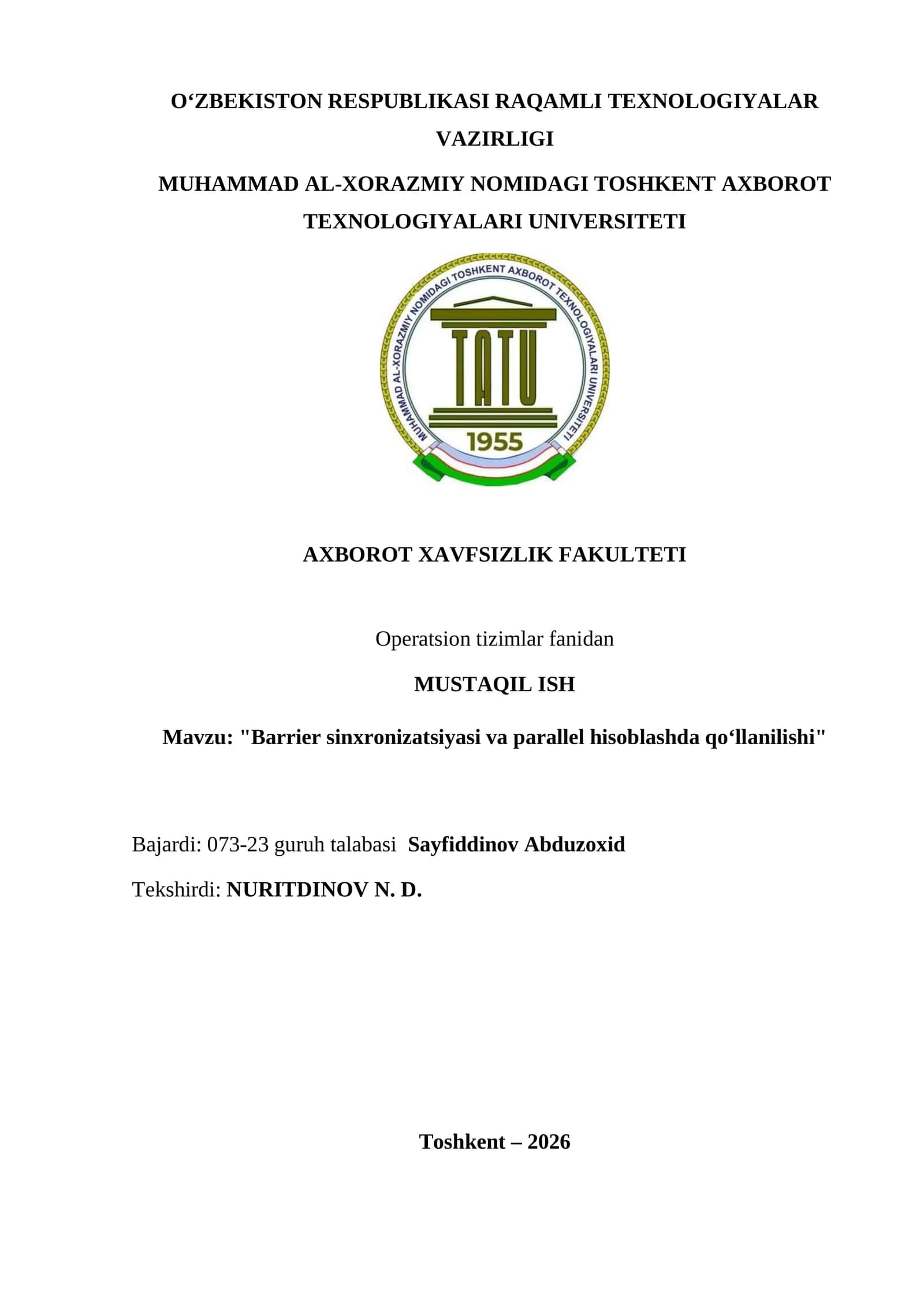 "Barrier sinxronizatsiyasi va parallel hisoblashda qoʻllanilishi" 1