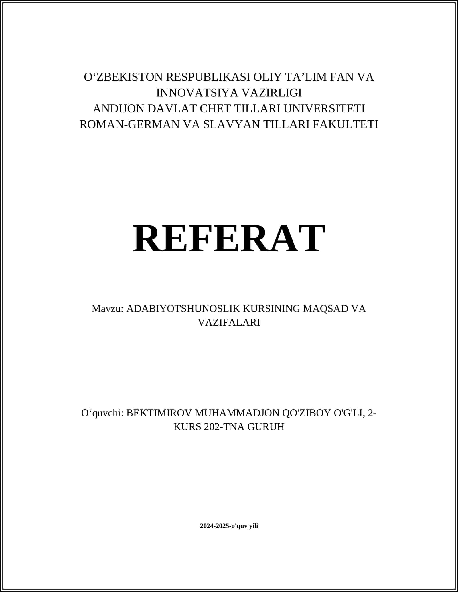ADABIYOTSHUNOSLIK KURSINING MAQSAD VA VAZIFALARI 1