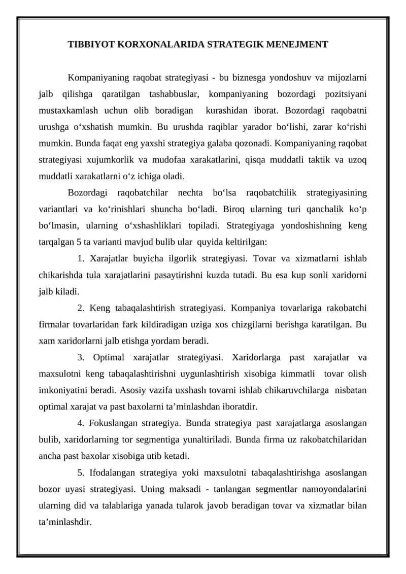TIBBIYOT KORXONALARIDA STRATEGIK MENEJMENT 1