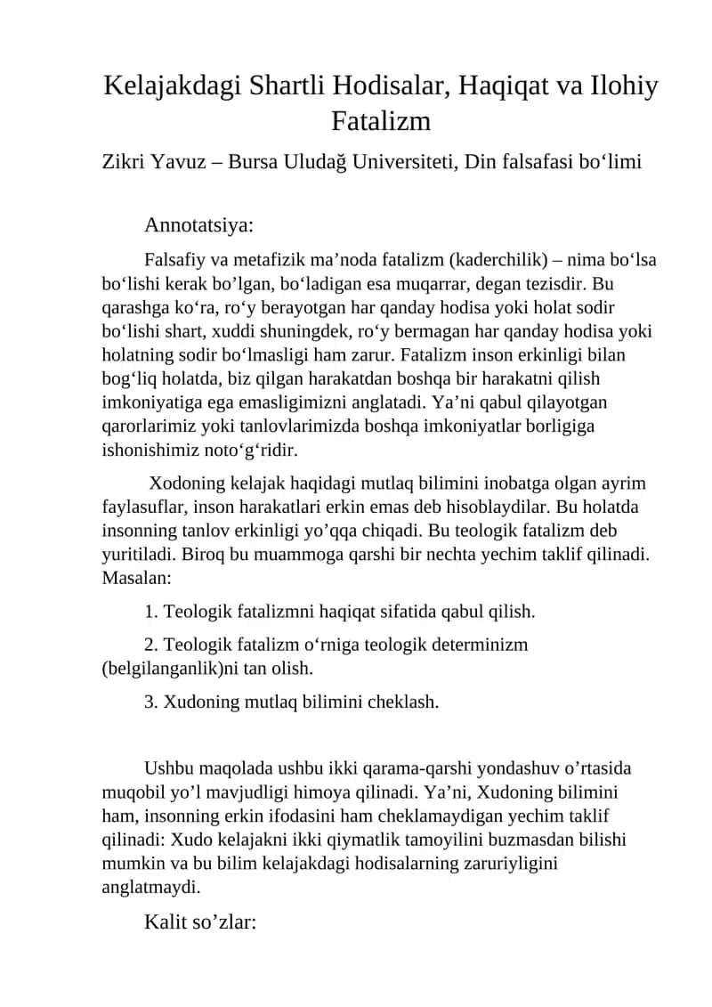 DINSHUNOSLIK: Diniy falsafa. Kelajakdagi Shartli Hodisalar, Haqiqat va Ilohiy Fatalizm 1
