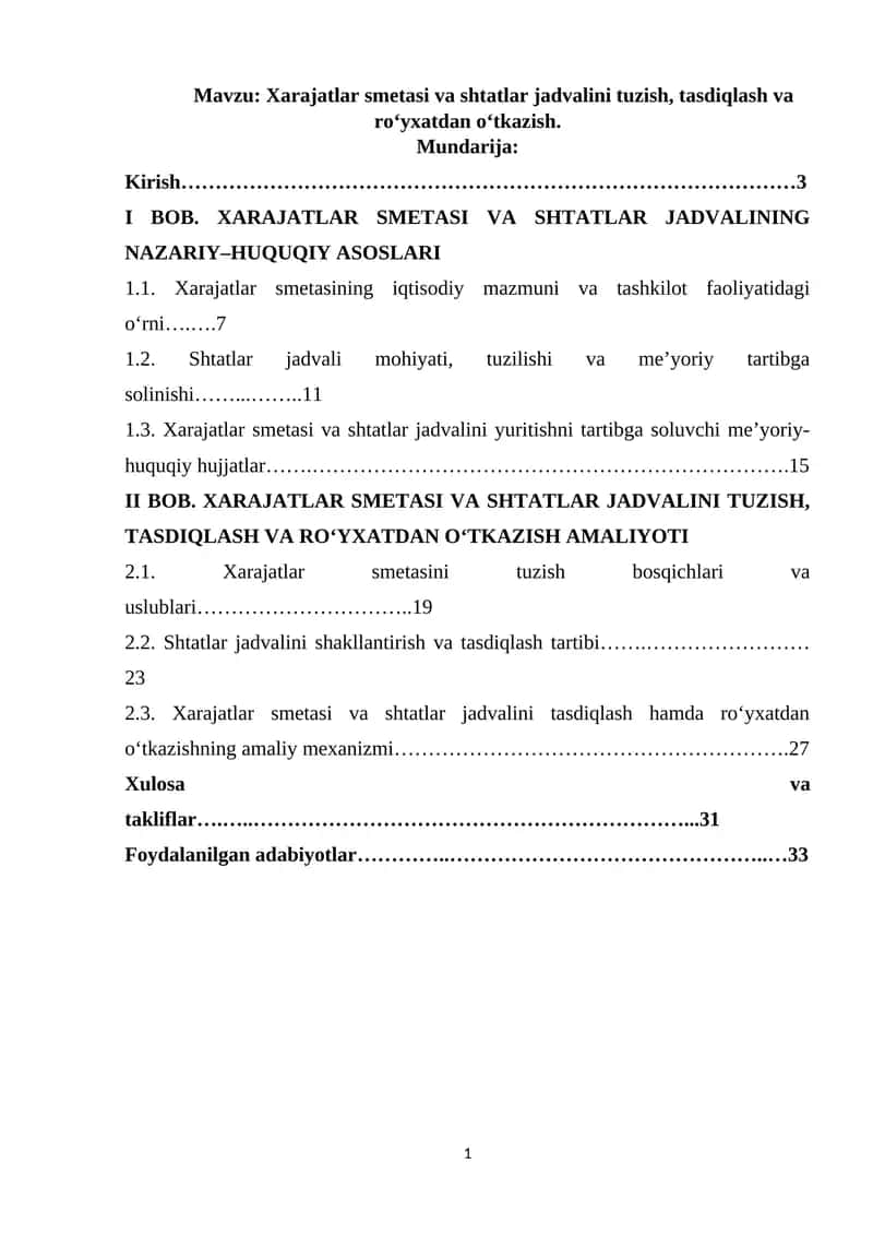 Xarajatlar smetasi va shtatlar jadvalini tuzish, tasdiqlash va ro‘yхatdan o‘tkazish 1