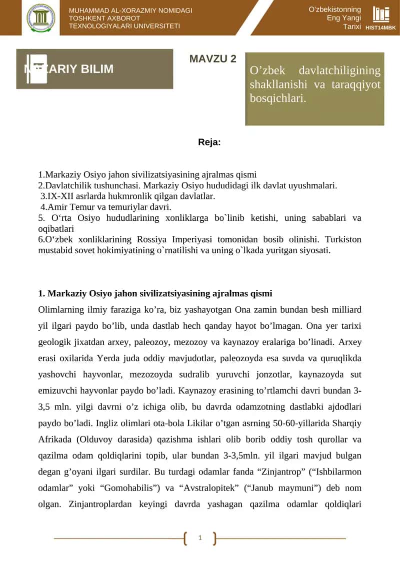O'zbekistonning Eng Yangi Tarixi 1