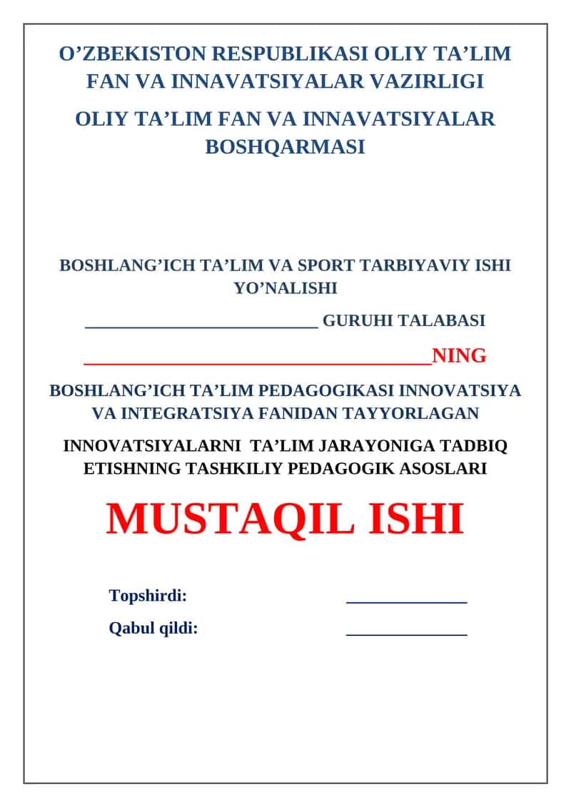 Innovatsiyalarni ta’lim jarayoniga tadbiq etishning tashkiliy pedagogik asoslari 1
