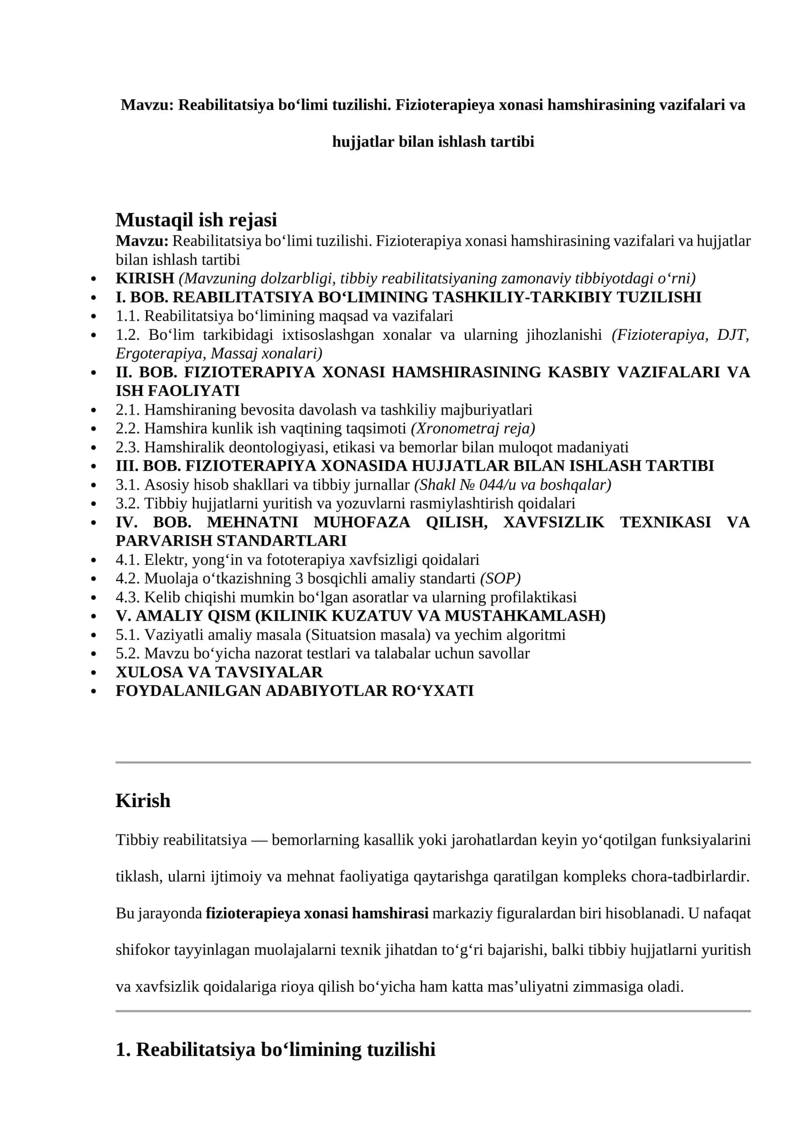 Reabilitatsiya bo‘limi tuzilishi. Fizioterapieya xonasi hamshirasining vazifalari va hujjatlar bilan ishlash tartibi 1