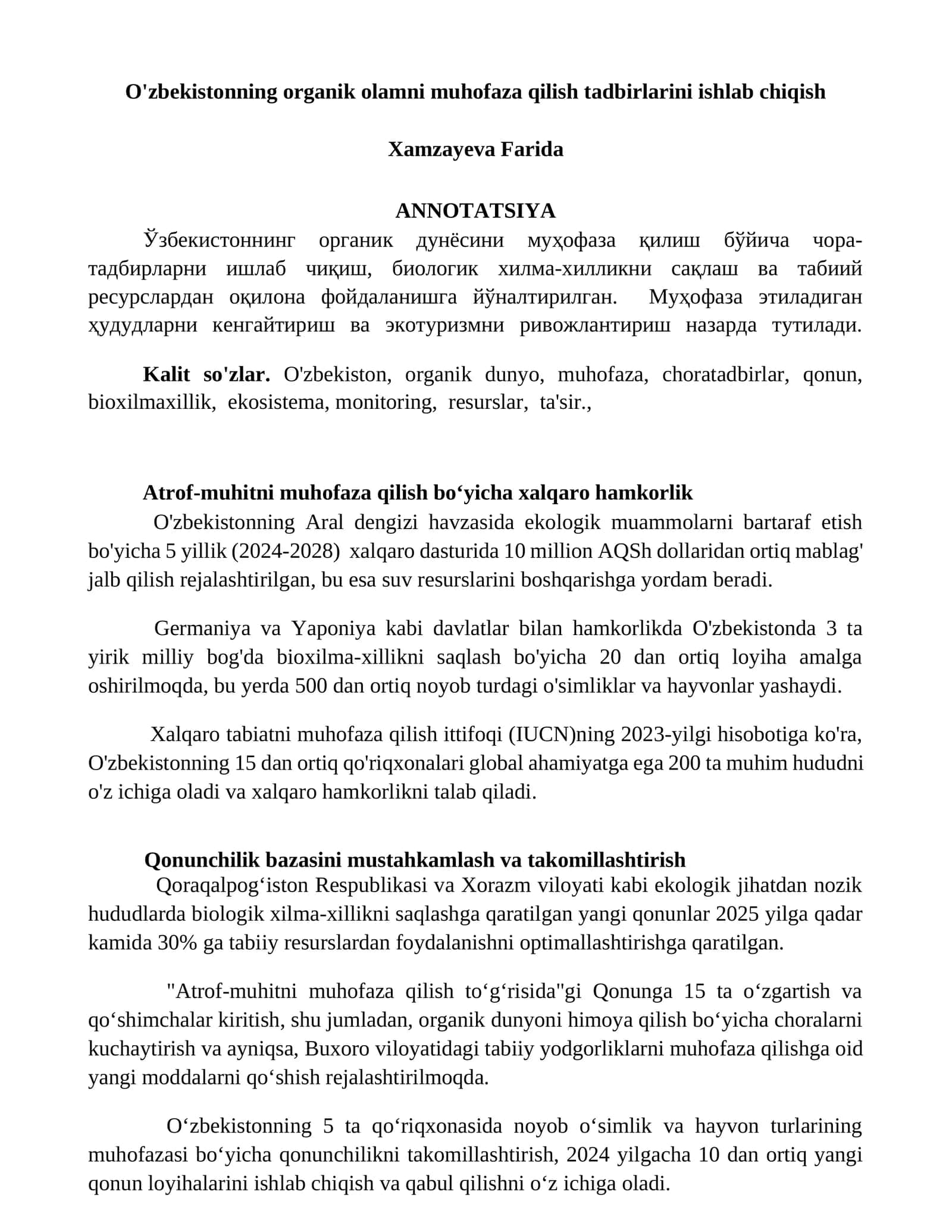 O'zbekistonning organik olamni muhofaza qilish tadbirlarini ishlab chiqish 1