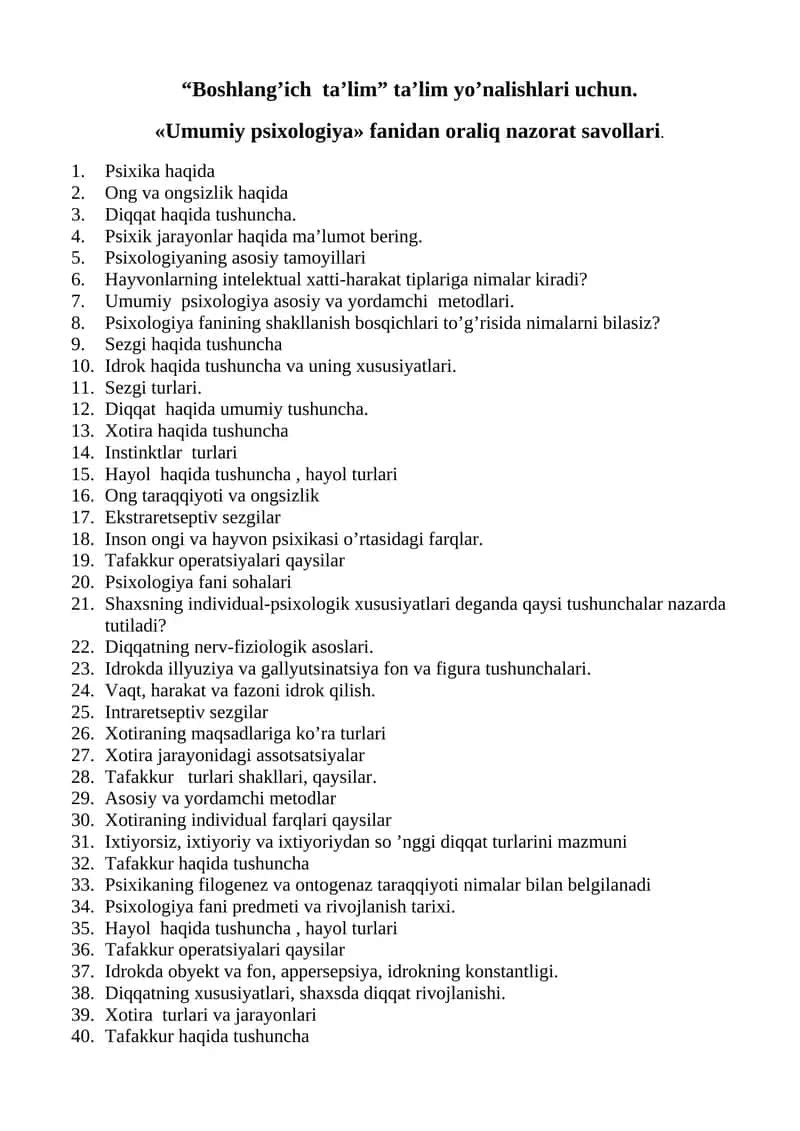 Umumiy psixologiya fanidan oraliq nazorat savollari 1