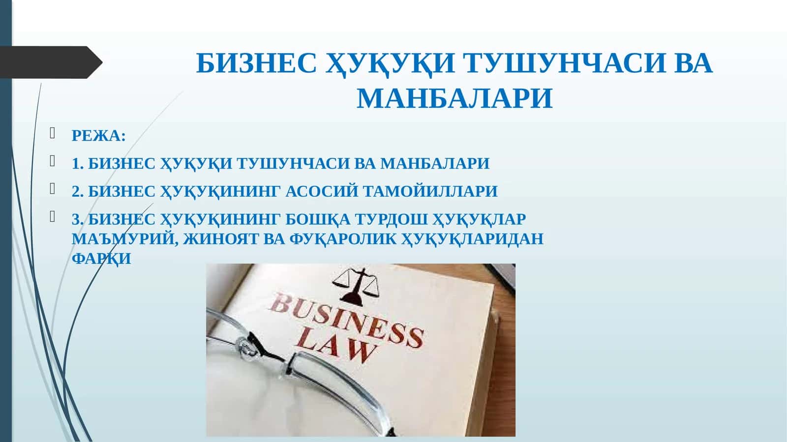 БИЗНЕС ҲУҚУҚИ ТУШУНЧАСИ ВА МАНБАЛАРИ 1