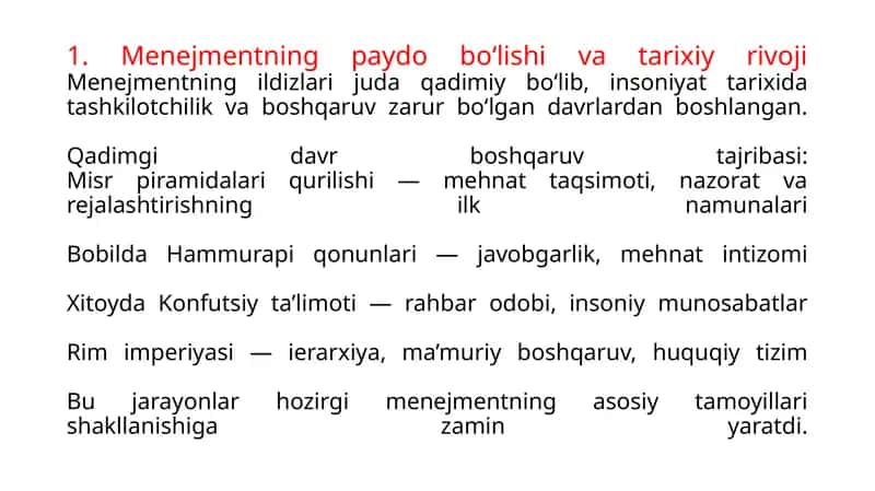 Menejmentning Paydo Bo‘lishi va Tarixiy Rivoji 1