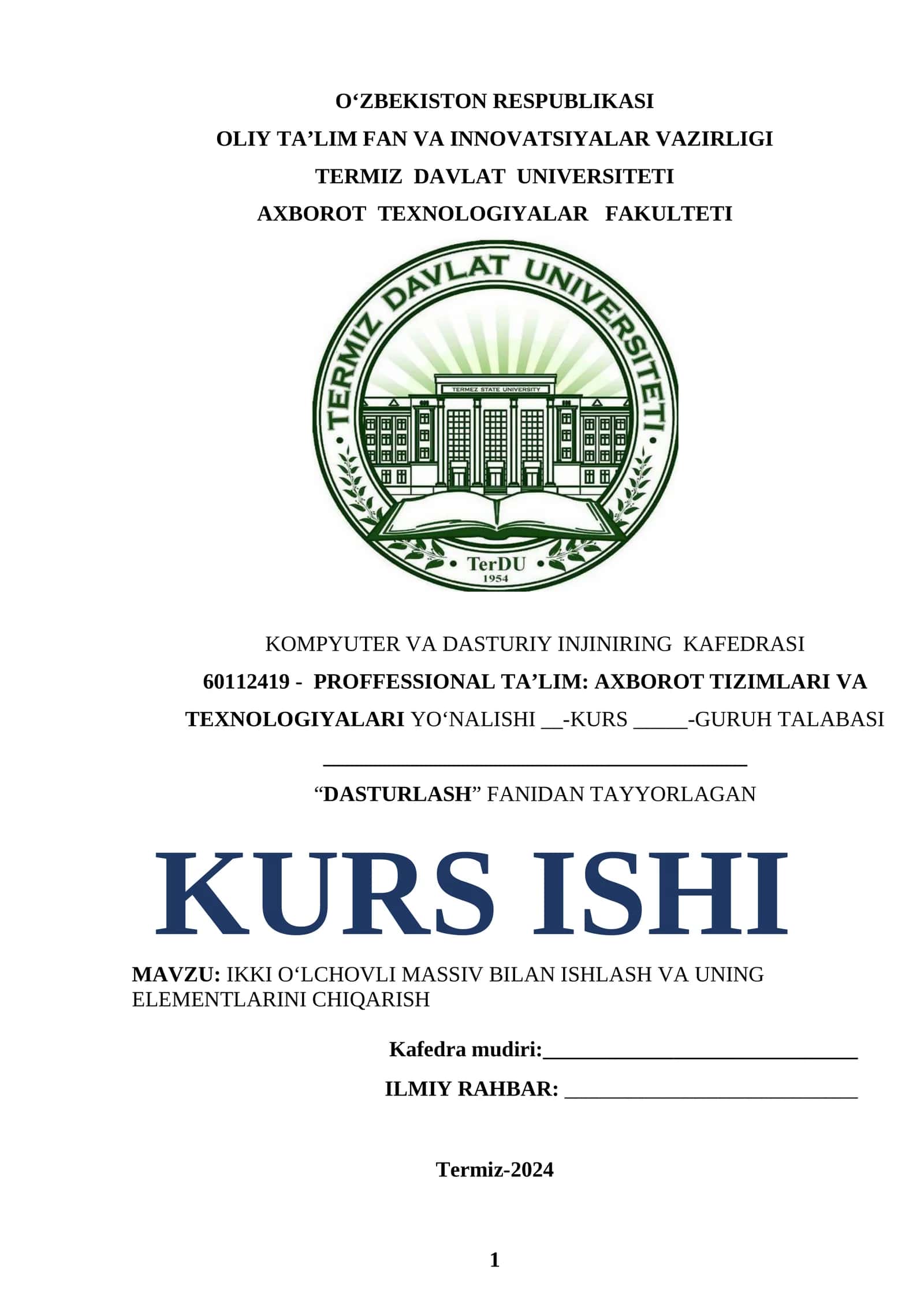 DASTURLASH FANIDAN TAYYORLAGAN KURS ISHI 1