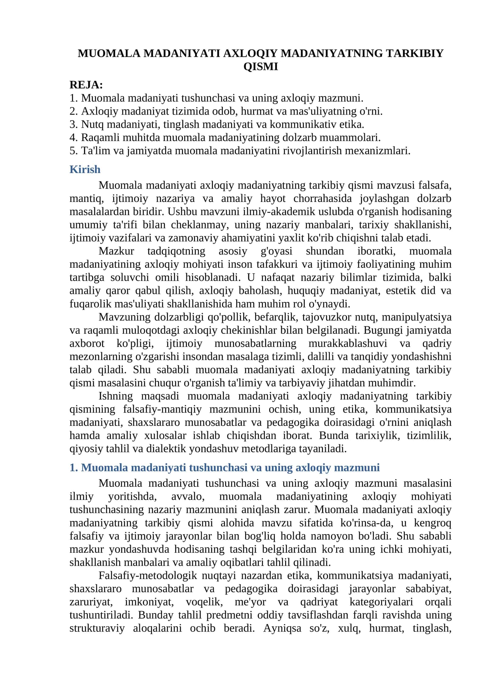 MUOMALA MADANIYATI AXLOQIY MADANIYATNING TARKIBIY QISMI 1