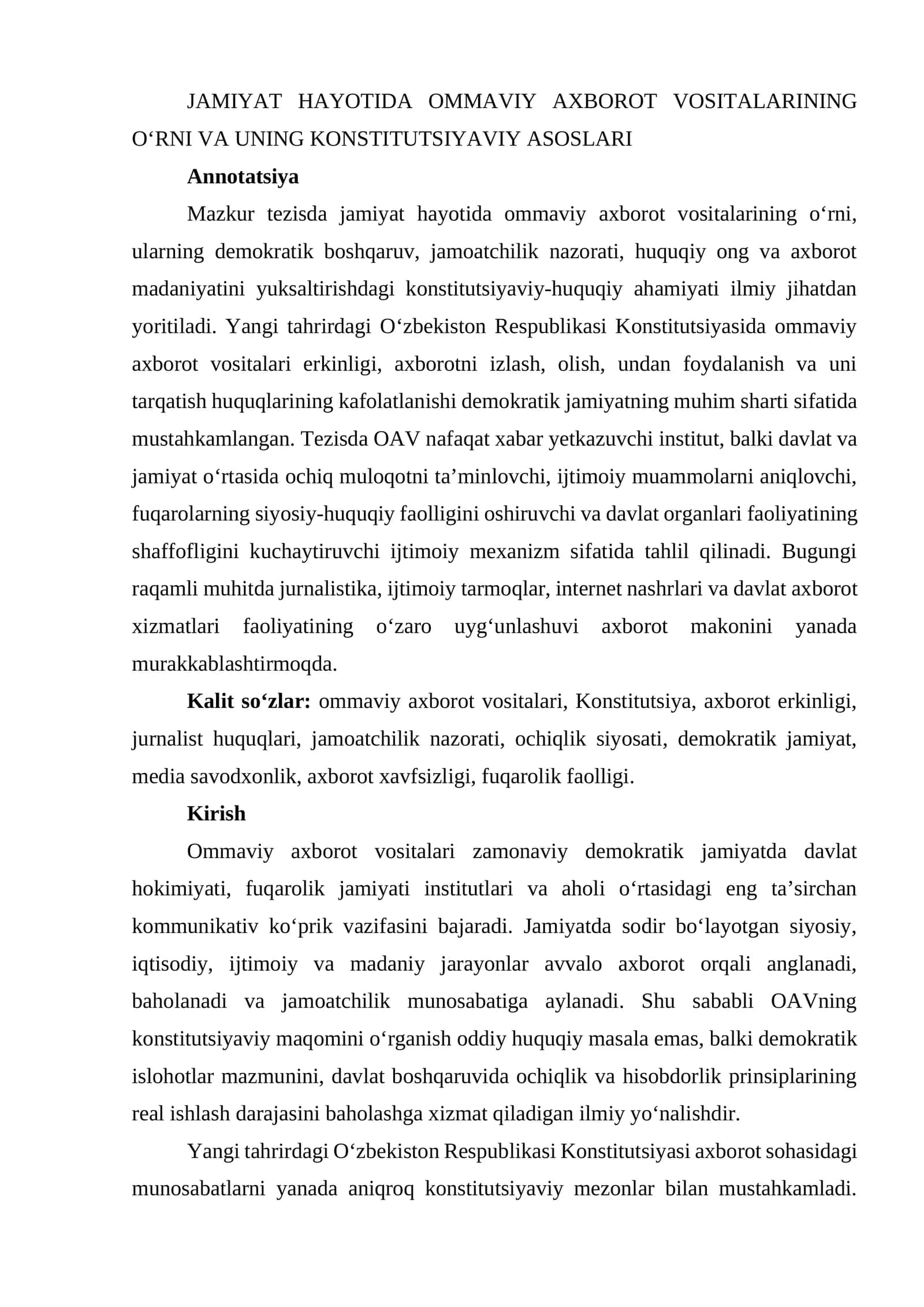 JAMIYAT HAYOTIDA OMMAVIY AXBOROT VOSITALARINING OʻRNI VA UNING KONSTITUTSIYAVIY ASOSLARI 1