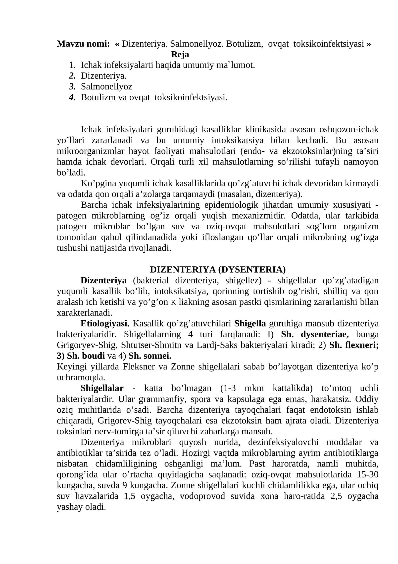Dizenteriya. Salmonellyoz. Botulizm, ovqat toksikoinfektsiyasi 1
