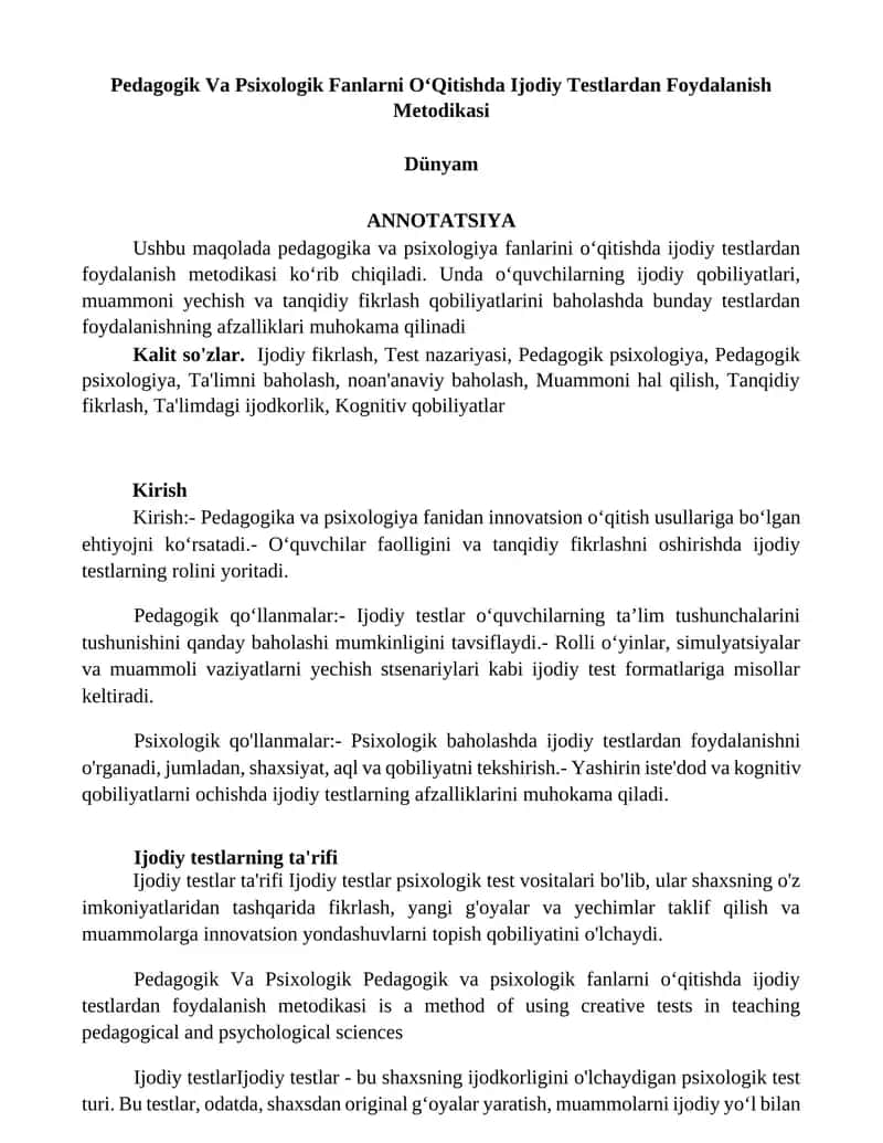Pedagogik Va Psixologik Fanlarni O‘Qitishda Ijodiy Testlardan Foydalanish Metodikasi 1