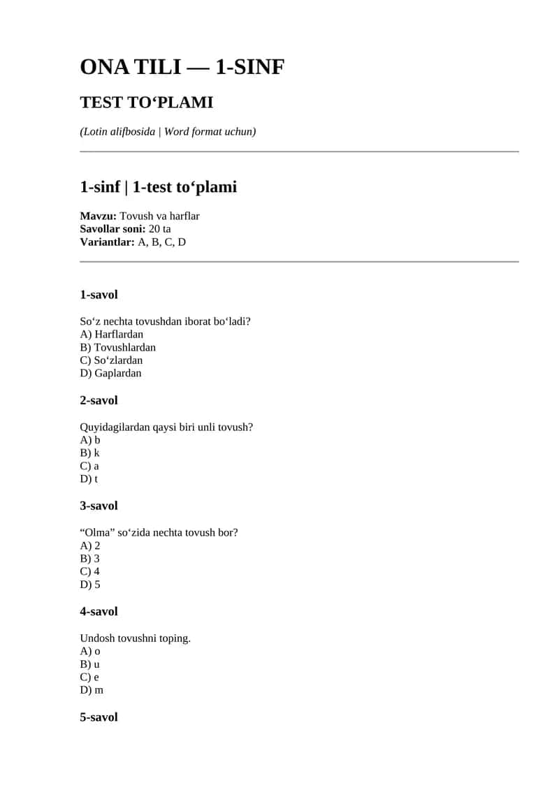 ONA TILI — 1-SINF TEST TO‘PLAMI 1