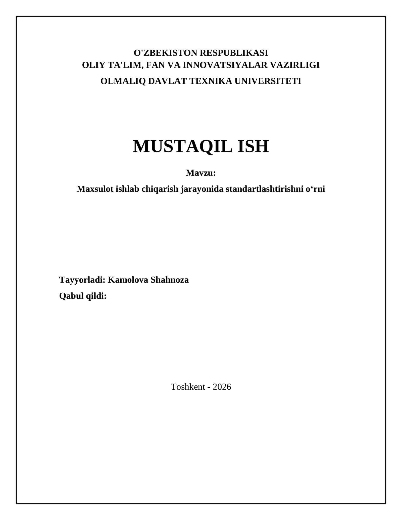 Maxsulot ishlab chiqarish jarayonida standartlashtirishni oʻrni 1