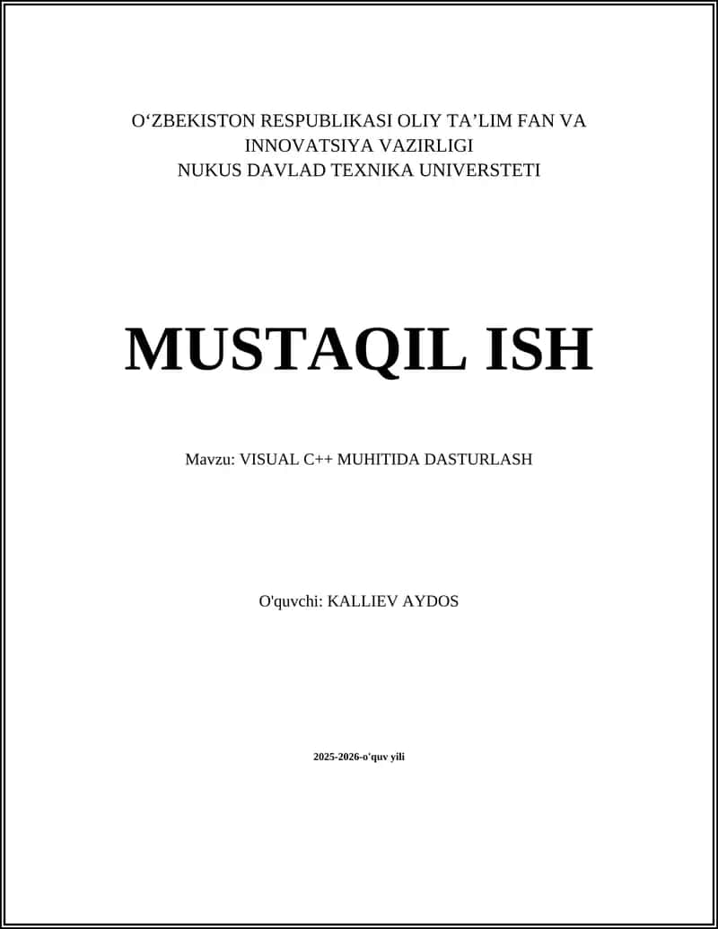 VISUAL C++ MUHITIDA DASTURLASH 1