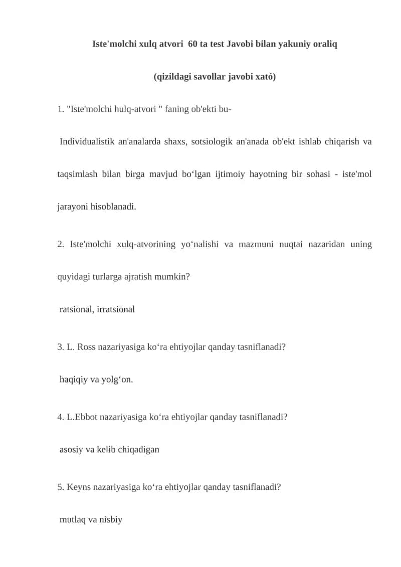 Iste'molchi xulq atvori  60 ta test Javobi bilan yakuniy oraliq 1