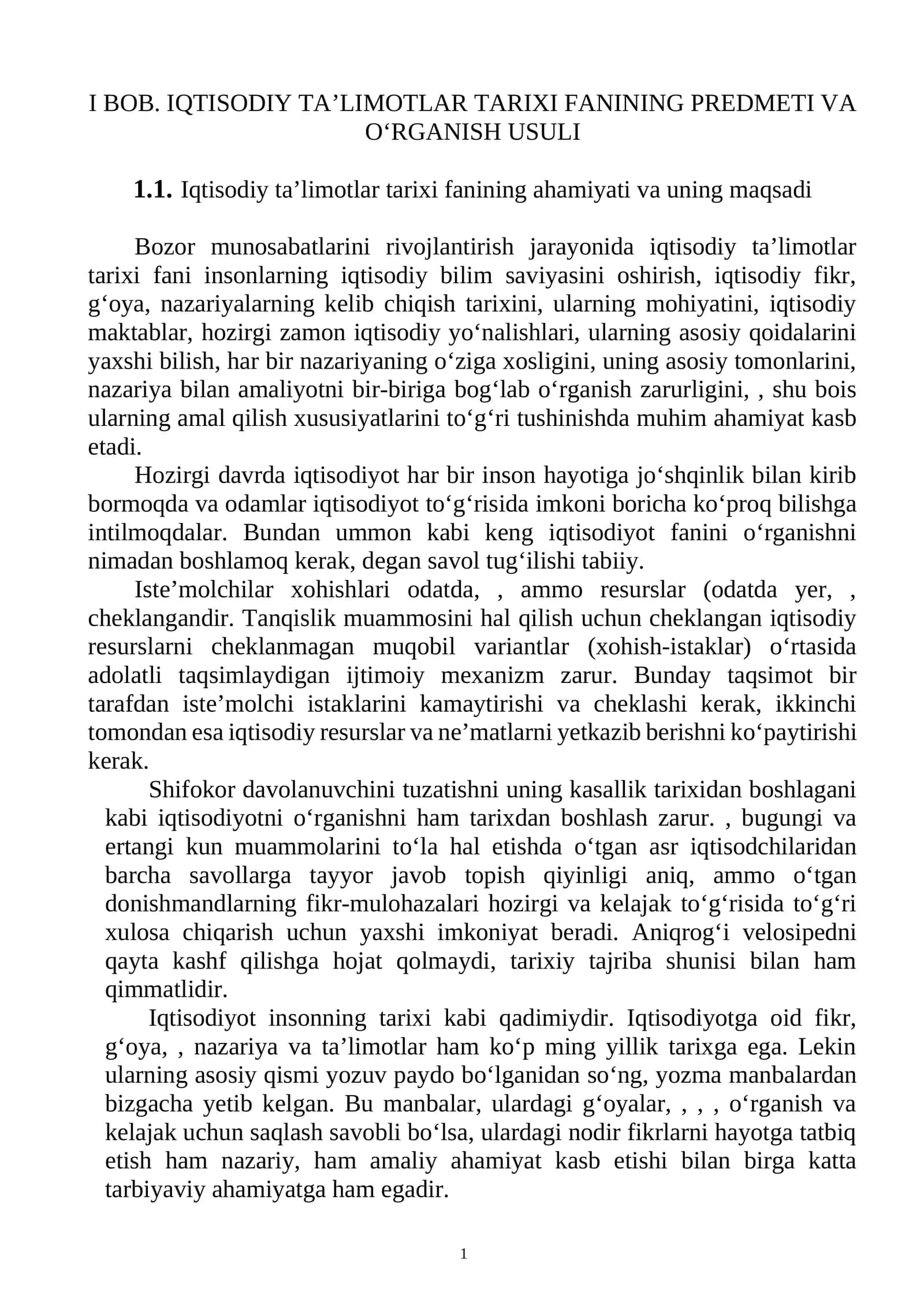 BOB. IQTISODIY TA’LIMOTLAR TARIXI FANINING PREDMETI VA O‘RGANISH USULI 1
