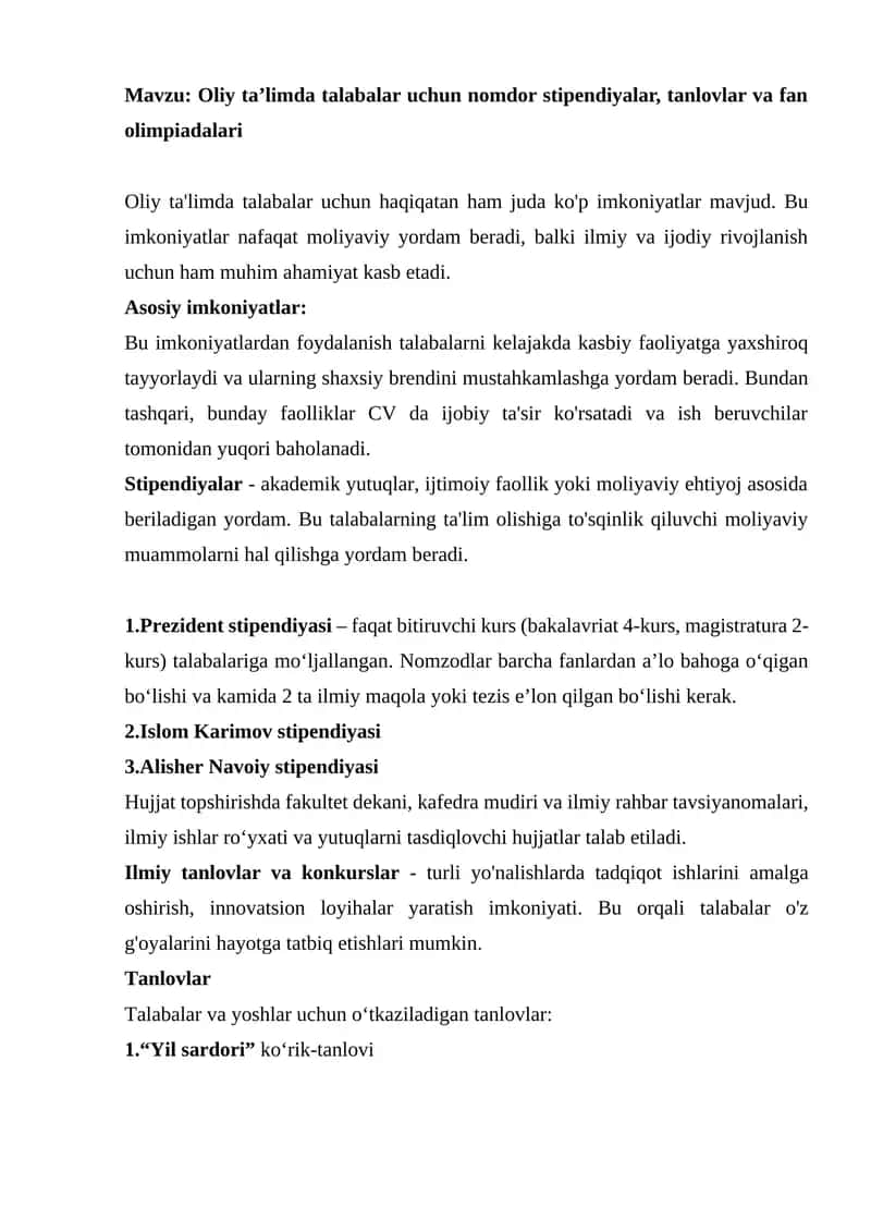 Oliy ta'limda talabalar uchun nomdor stipendiyalar, tanlovlar va fan olimpiadalari 1