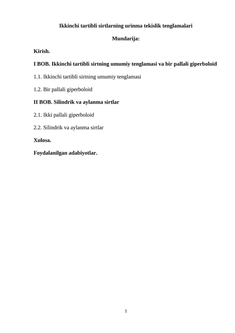 Ikkinchi tartibli sirtlarning urinma tekislik tenglamalari 1