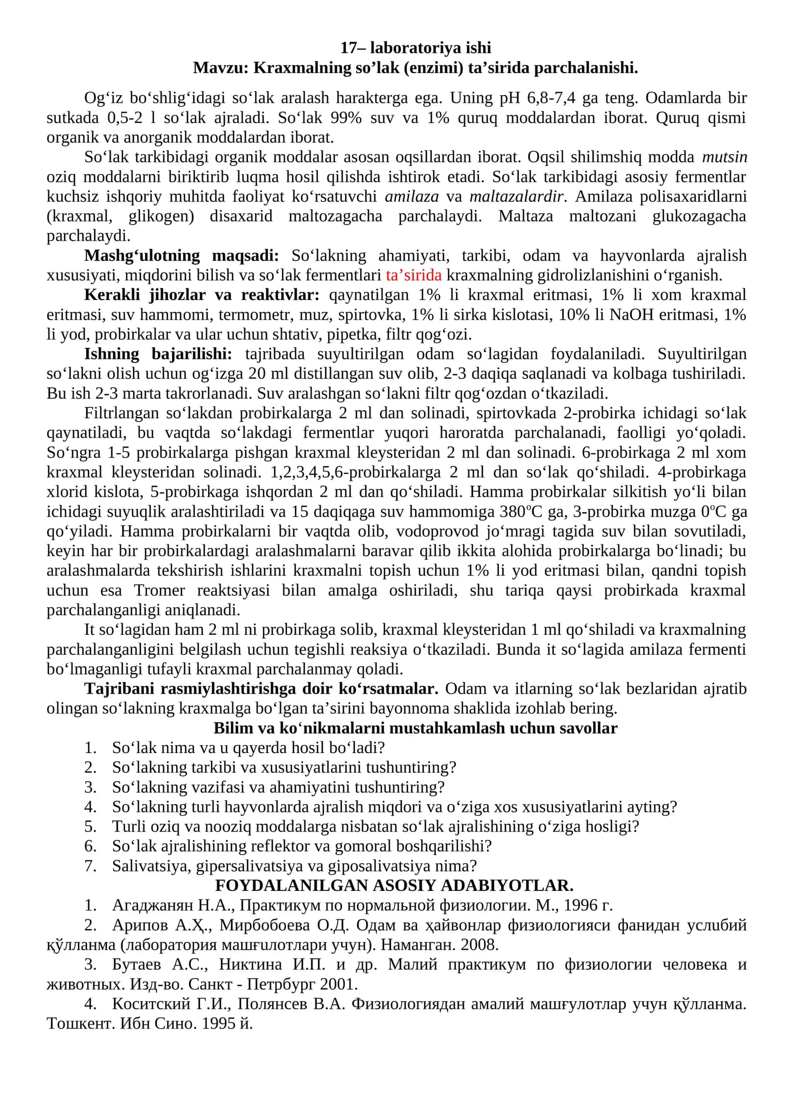 Laboratoriya ishi - Kraxmalning so’lak ta’siri 1