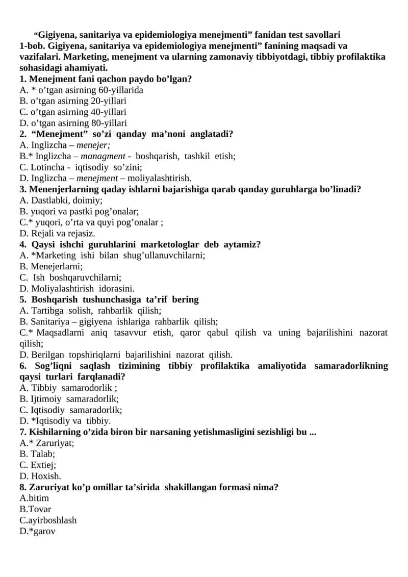 Gigiyena, sanitariya va epidemiologiya menejmenti fanidan test savollari 1