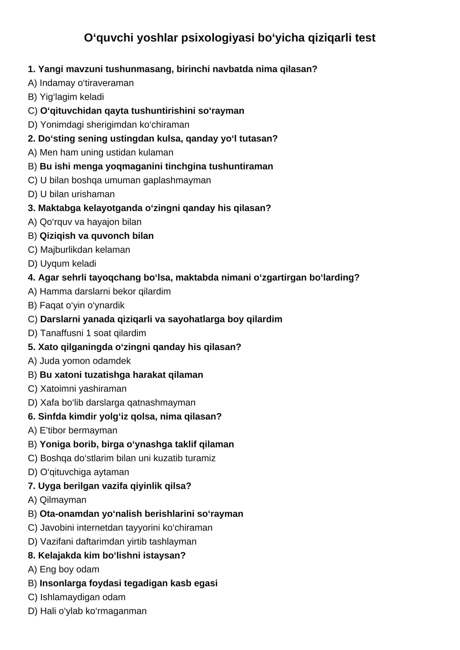 Boshlang‘ich sinflar uchun qiziqarli psixologik test 1