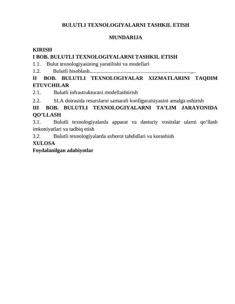 BULUTLI TEXNOLOGIYALARNI TASHKIL ETISH