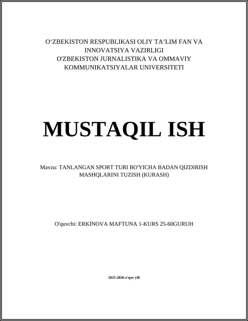 TANLANGAN SPORT TURI BO'YICHA BADAN QIZDIRISH MASHQLARINI TUZISH (KURASH) 1