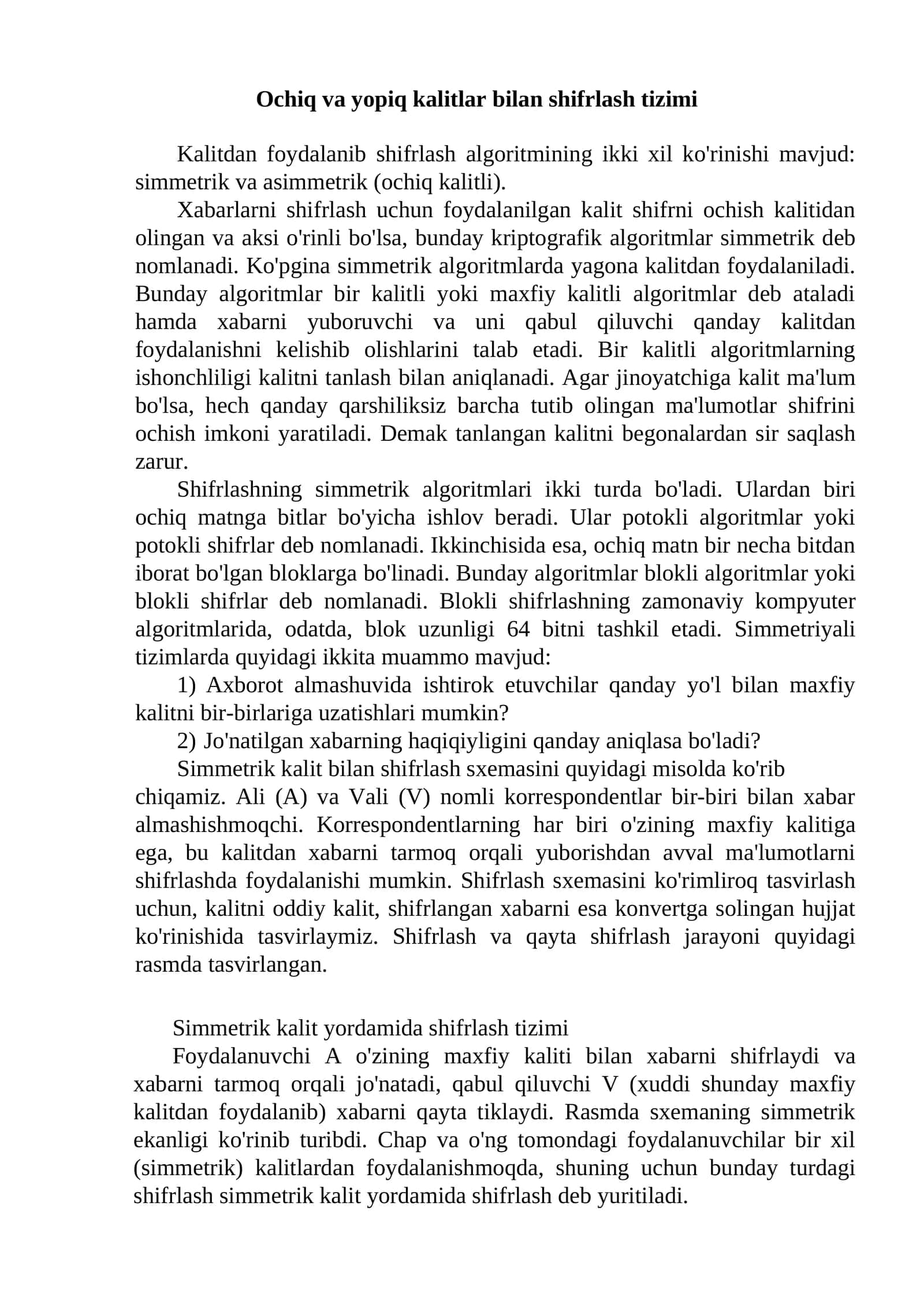 Ochiq va yopiq kalitlar bilan shifrlash tizimi 1