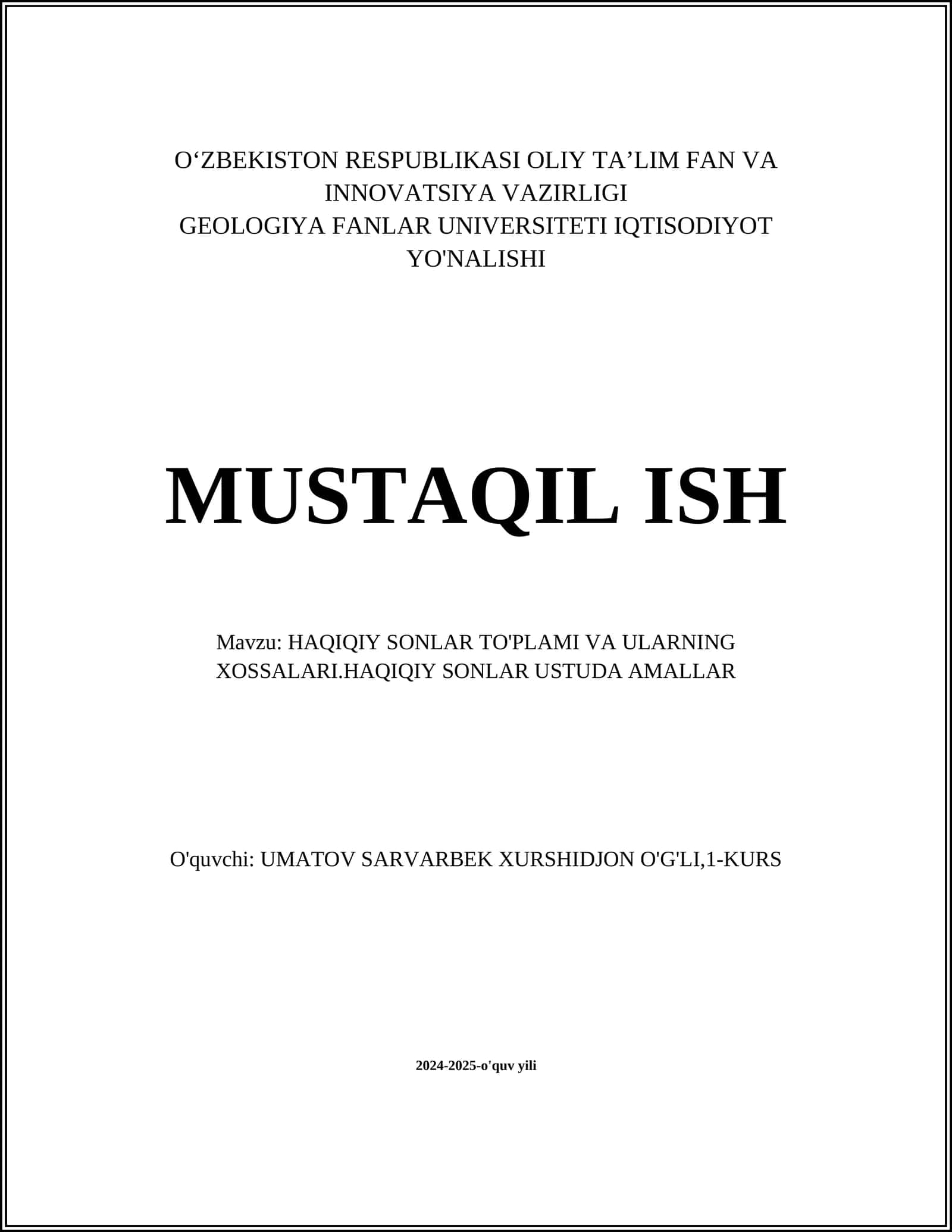 HAQIQIY SONLAR TO'PLAMI VA ULARNING XOSSALARI.HAQIQIY SONLAR USTUDA AMALLAR 1