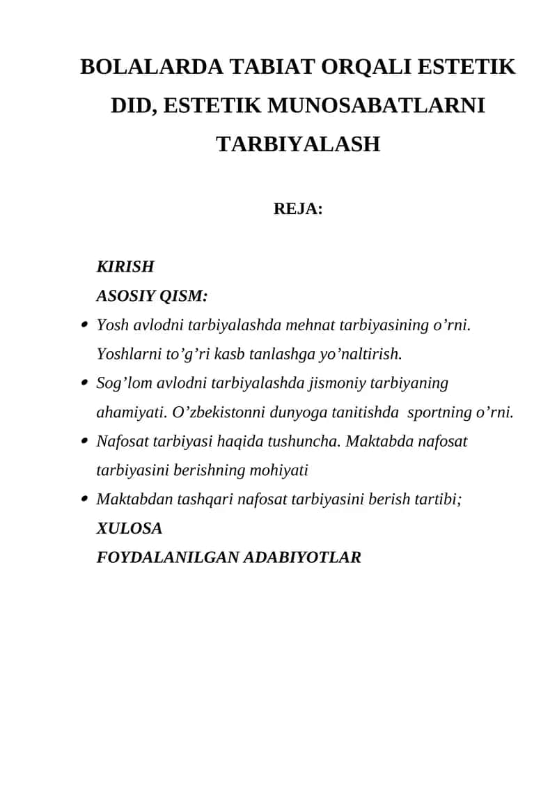 BOLALARDA TABIAT ORQALI ESTETIK DID, ESTETIK MUNOSABATLARNI TARBIYALASH 1