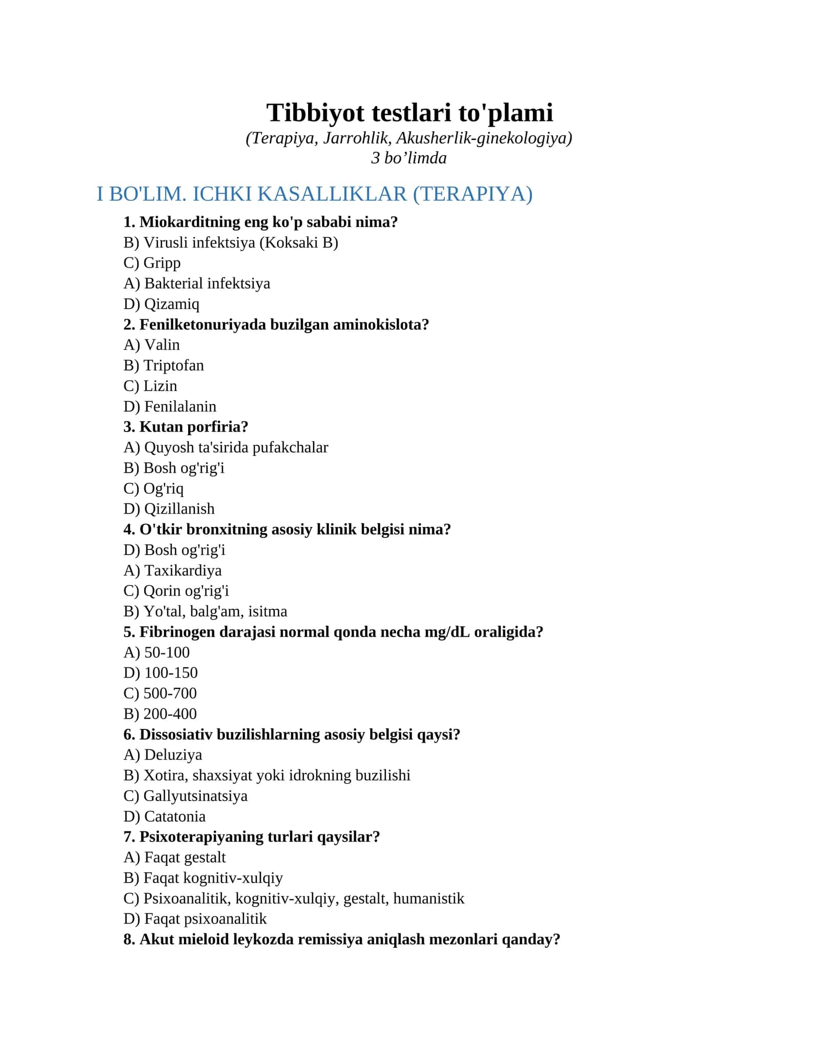 Tibbiyot testlari to'plami 1